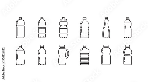 Collection of Line Art Icons for Various Plastic Beverage Bottles