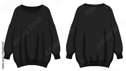 Versatile black oversized long-sleeve sweatshirt flat lay design, showcasing both front and back views for comprehensive apparel presentation and