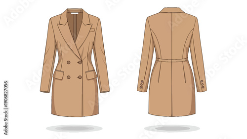 Modern double-breasted long blazer flat sketch illustration displaying comprehensive front and back garment details for apparel designers and