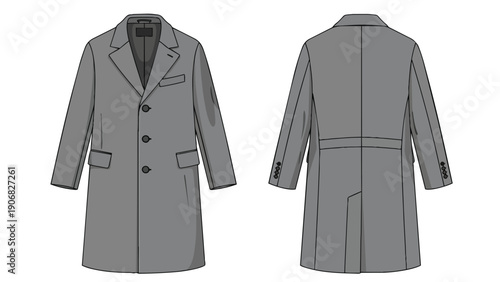 Detailed technical drawing of a classic grey men's overcoat, front and back views for fashion design flat illustration