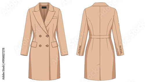 Sophisticated women's double-breasted longline coat flat sketch fashion apparel design representation