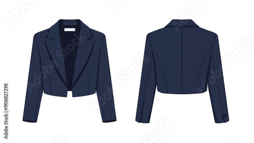 Elegant navy blue cropped blazer technical drawing showcasing modern apparel design. Front and back views emphasize versatile contemporary fashion,