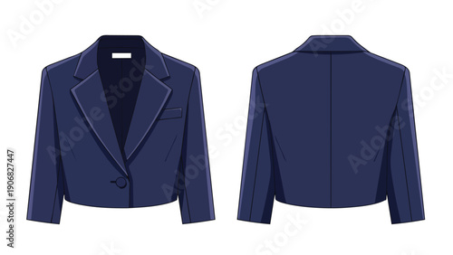 Stylish navy blue cropped blazer showcasing front and rear perspectives an essential piece for contemporary female fashion versatile and elegant