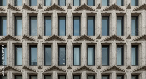 Geometric concrete windows emphasize the brutalist modernist office building facade design
