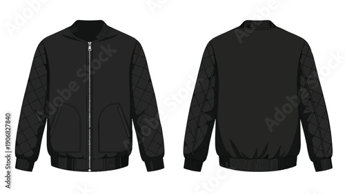 Sleek minimalist black bomber jacket design with front and back views for versatile apparel mockups