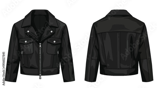 An illustrative depiction of a classic black outerwear garment showcasing both front and rear perspectives with detailed fasteners and structured