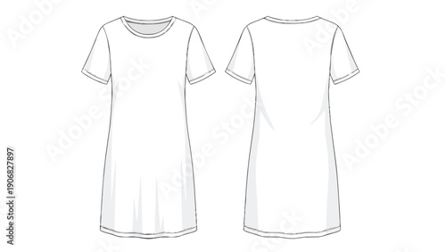 Detailed technical flat sketch illustration of a versatile round-neck short-sleeve women's shift dress perfect for fashion design and apparel