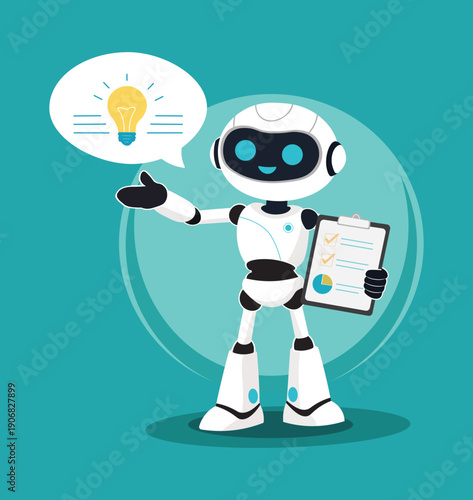 Cute AI Robot Mascot Showing Idea and Checklist