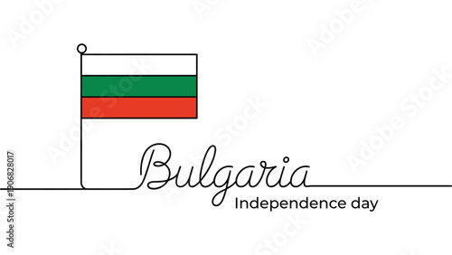 Bulgaria independence day minimal line art design with national flag on pole, handwritten typography, clean layout and modern patriotic background