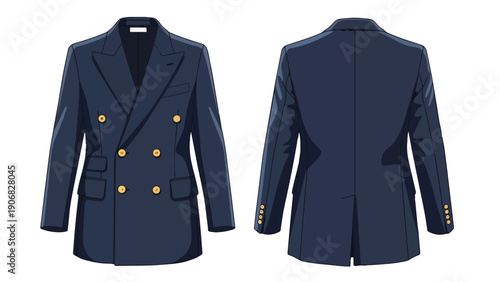 A modern interpretation of a classic dark blue double-breasted blazer complete with shiny golden buttons perfect for creating a polished and