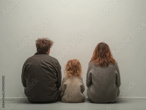 A family of three sits against a neutral wall with their backs facing the camera.
