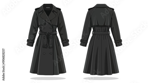 Elegant charcoal double-breasted rainwear with a cinched waist, presenting both front and rear perspectives, showcasing sophisticated timeless