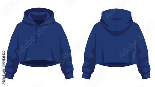 Detailed illustration of a trendy dark navy blue cropped hoodie, showcasing its front and back design, perfect for fashion templates and casual wear