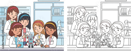 Girls Building Robot in Science Lab Educational Cartoon for STEM Robotics and Kids Learning