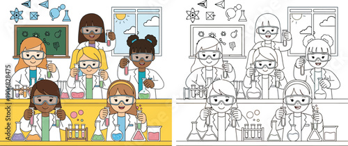 Diverse Kids in Science Lab Experimenting Educational Cartoon for STEM Learning and Coloring