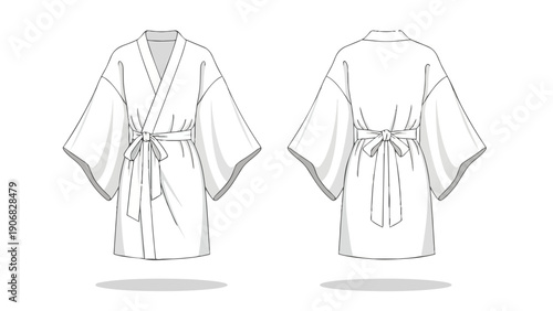 Precise technical flat sketch illustrating the front and back of a stylish, short, belted kimono-style robe. Ideal for fashion design, pattern