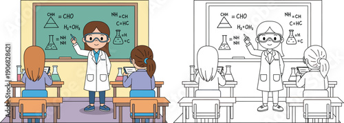 Female Teacher Explaining Chemistry to Students Educational Cartoon for Science Class and Learning