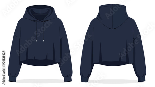 Contemporary women's deep navy blue cropped hooded sweatshirt flat technical drawing, showcasing both front and rear perspectives, perfect for