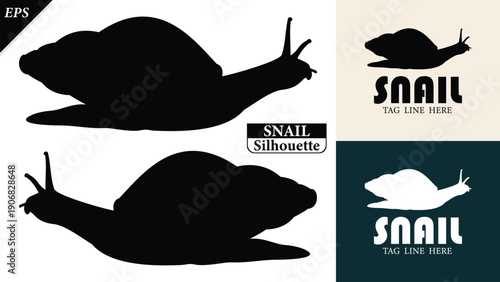 snail silhouette isolated on white background with logo text space, featuring a clean black shape symbolizing nature, patience, simplicity. Ideal for logos, snails vector silhouette icon, snail logo