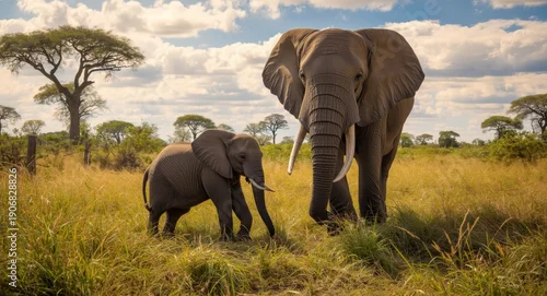 Fototapeta joyous baby elephant playing near adult elephant in sunny environment