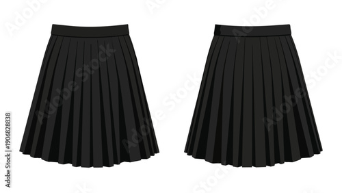 Classic black pleated skirt design template, perfect for fashion illustrations, clothing mockups, and apparel industry presentations, with a clean