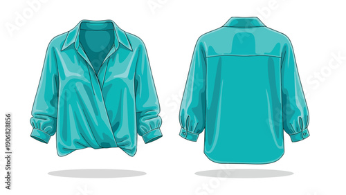 Elegant teal wrap blouse design featuring flowing sleeves and modern collar views
