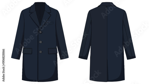 Elegant men's dark blue overcoat vector illustration with front and back views for fashion design