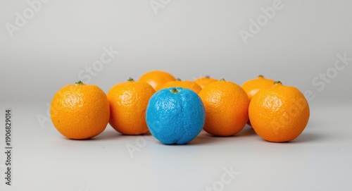 Group of orange tangerines accompanied by a blue one symbolizing distinctiveness on a copy space backdrop