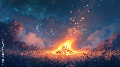 Campfire Night Sky: a serene scene of a campfire under a starlit night, capturing a sense of warmth, peace, and natural beauty.