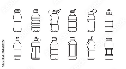 Collection of Outline Water Bottles, Various Designs and Lids, Isolated on White