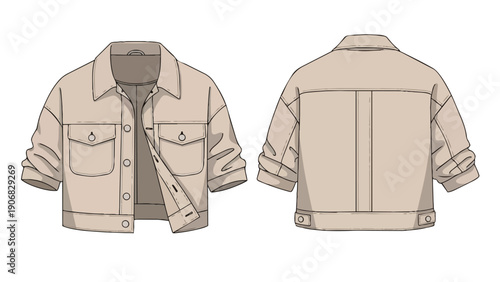 Contemporary beige utility jacket technical flat drawing front and back views for fashion design showcasing pockets buttons and functional details a