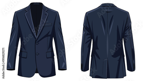 Dark navy blue men's suit jacket illustration, front and back views, showcasing elegant lapels, pockets, and refined tailored design for