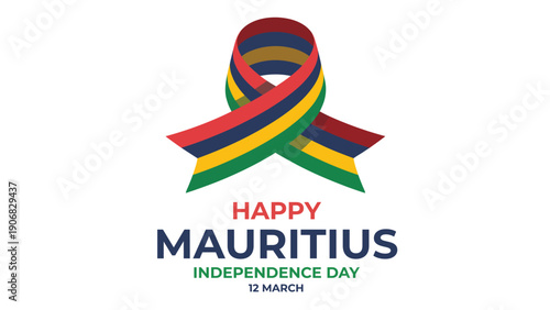 Happy mauritius independence day celebration design with colorful awareness ribbon in national flag colors, modern typography and patriotic holiday background