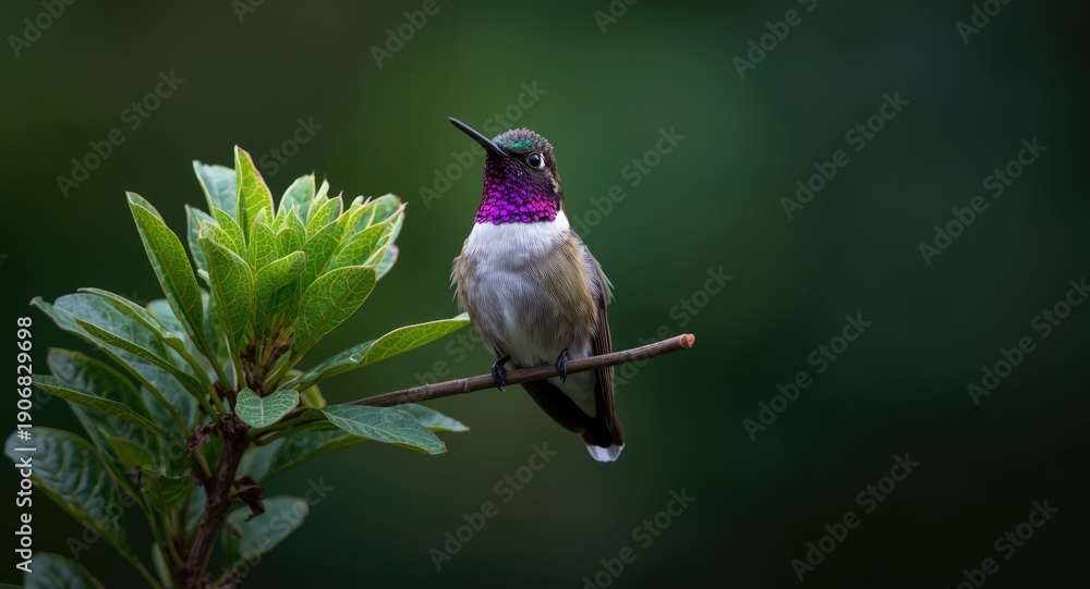 Naklejka premium Anna's Hummingbird perched on a thin stick surrounded by fresh green leaves
