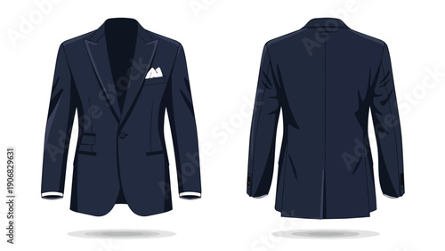 Professional navy suit jacket illustration showing front and back views for fashion and business designs