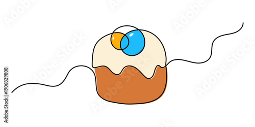 Easter cake and eggs one line art, hand drawn continuous contour. Christian orthodox religion holiday Resurrection of Jesus Christ design, festive decoration. Editable stroke. Isolated. Vector illustr