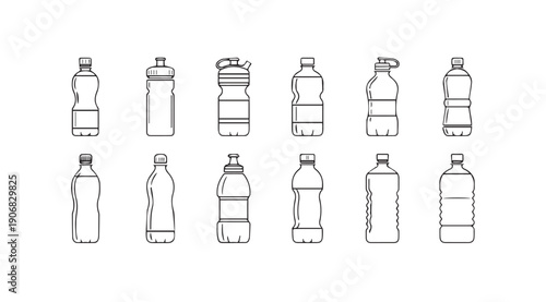 Collection of Plastic Water Bottles Outline Icons Set Isolated on White