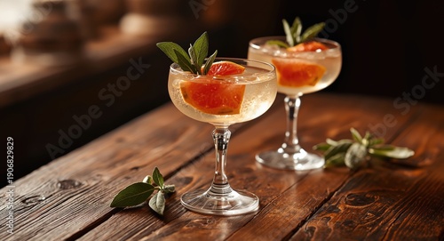 Crisp grapefruit and sage gimlet cocktails in glasses resting on wood