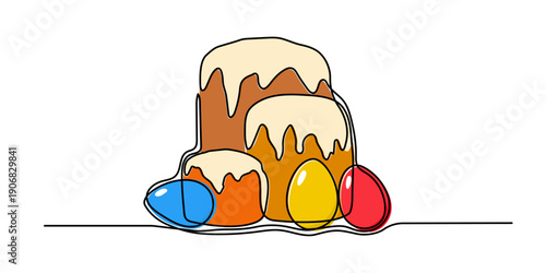 Easter cake and eggs one line art, hand drawn continuous contour. Christian orthodox religion holiday Resurrection of Jesus Christ design, festive decoration. Editable stroke. Isolated. Vector illustr