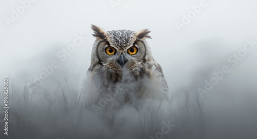 Cute owl displaying glowing yellow eyes and sagacious expression emerging through heavy mist on white