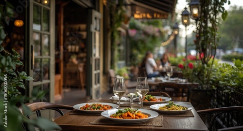 Italian restaurant outdoor terrace offering fresh vegetable sides and pasta meals