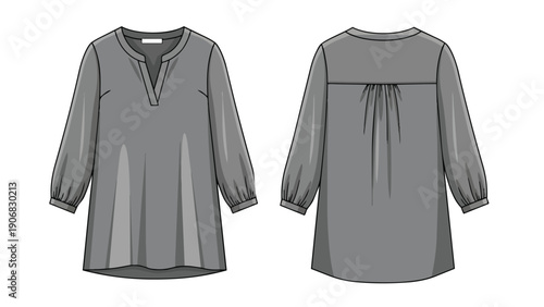 Fashion technical drawing of a versatile women's tunic top featuring a relaxed fit, v-neckline, and long sleeves with elasticated cuffs, perfect for