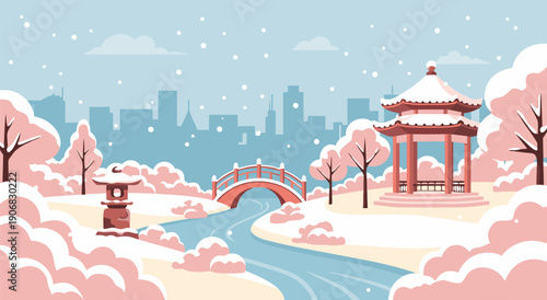 Serene Winter Park Landscape Vector Illustration with Snowfall, Bridge, and Pagoda in City Background