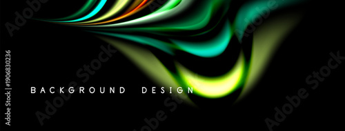 Abstract flowing shapes, vibrant colors against black backdrop. Dynamic curves create modern design element. Smooth gradients suggest movement.