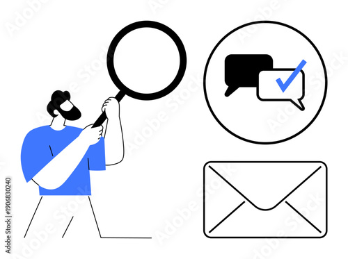 Man holding magnifying glass examining chat bubble with checkmark and envelope icon. Ideal for communication, technology, email management, search, analysis, messaging, verification. Simple flat