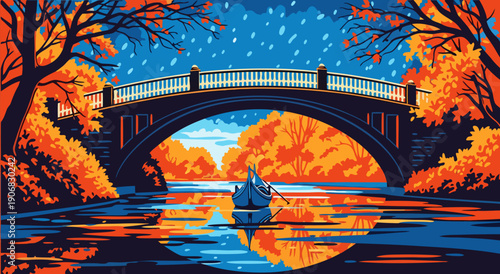 Vector illustration of a picturesque bridge over a calm river reflecting the vibrant autumn foliage and a lone figure in a rowboat