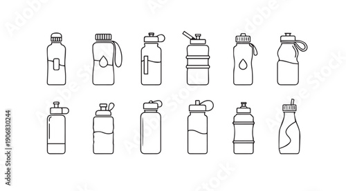 Collection of stylized water bottle line art icons, various designs and caps