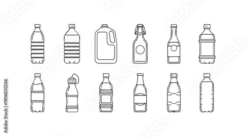 Collection of Various Bottle Line Icons - Beverages, Liquids, Containers