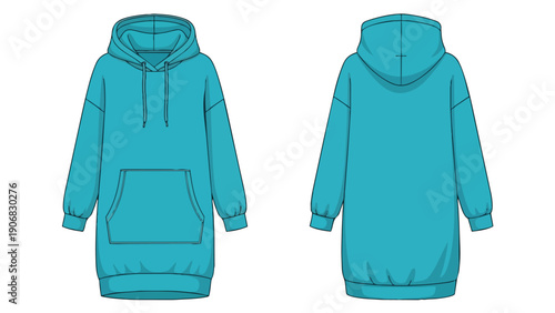 Technical flat sketch illustrating a versatile oversized teal hoodie dress design template