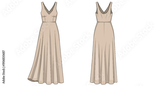 A sophisticated V-neck maxi dress technical flat drawing showcasing front and rear views